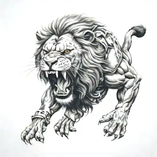 Muscle lion playing soccor, angry face tattoo design idea
