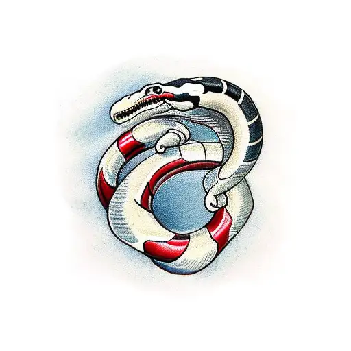 red, black, and white striped snake wrapping around a thigh tattoo design idea