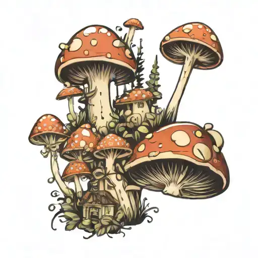 whimsical mushroom wonderland tattoo design idea