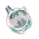 Design a tattoo showcasing a Mana potion bottle with a pixelated Minecraft landscape as the background tattoo design idea