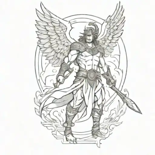 Combine elements of Greek mythology and biblical stories in a tattoo depicting a powerful warrior with wings, inspired by both Achilles and angels tattoo design idea