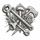 Create a tattoo showing construction tools like hammers and wrenches intertwined with biblical figures like David and Goliath facing off tattoo design idea