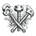Create a tattoo showing construction tools like hammers and wrenches intertwined with biblical figures like David and Goliath facing off tattoo design idea