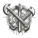 Create a tattoo showing construction tools like hammers and wrenches intertwined with biblical figures like David and Goliath facing off tattoo design idea