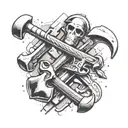 Create a tattoo showing construction tools like hammers and wrenches intertwined with biblical figures like David and Goliath facing off tattoo design idea