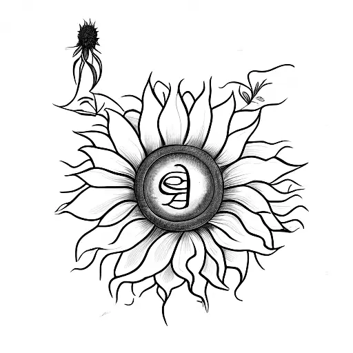 A black and grey sketch of a sunflower with the word 'abide' written in elegant script as the stem tattoo design idea