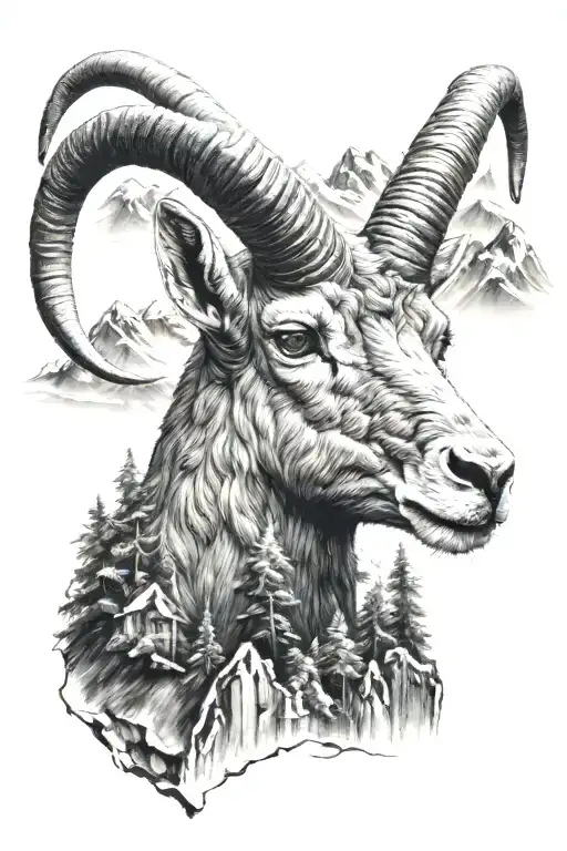 ibex with mountains and lake scene tattoo design idea