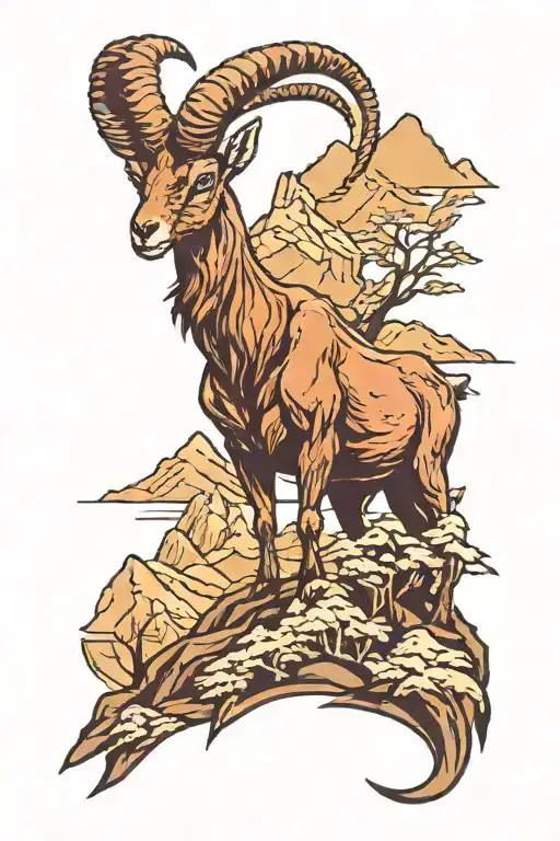 ibex with mountains and lake scene colour tattoo tattoo design idea