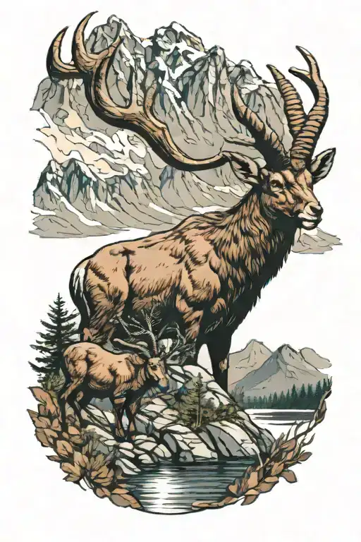 ibex with mountains and lake scene colour tattoo tattoo design idea