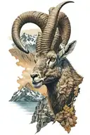 ibex with mountains and lake scene colour tattoo design idea