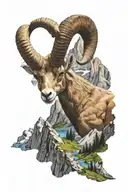 ibex with mountains and lake scene colour tattoo design idea