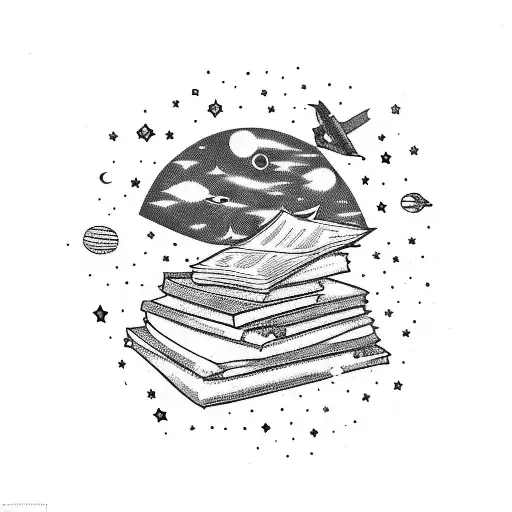 A stack of books floating in space with constellations forming their titles tattoo design idea