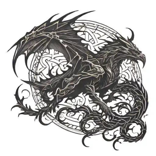  dark figure, demon, flashes of light, lightning, dragon, raven  tattoo design idea