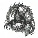  dark figure, demon, flashes of light, lightning, dragon, raven  tattoo design idea