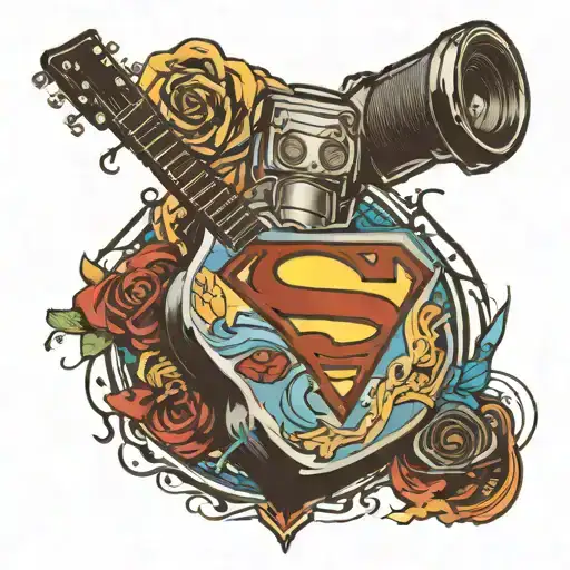 superman logo with a guitar and camera tattoo design idea