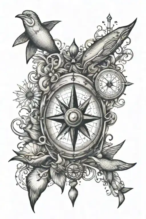 compass sea life family love  tattoo design idea