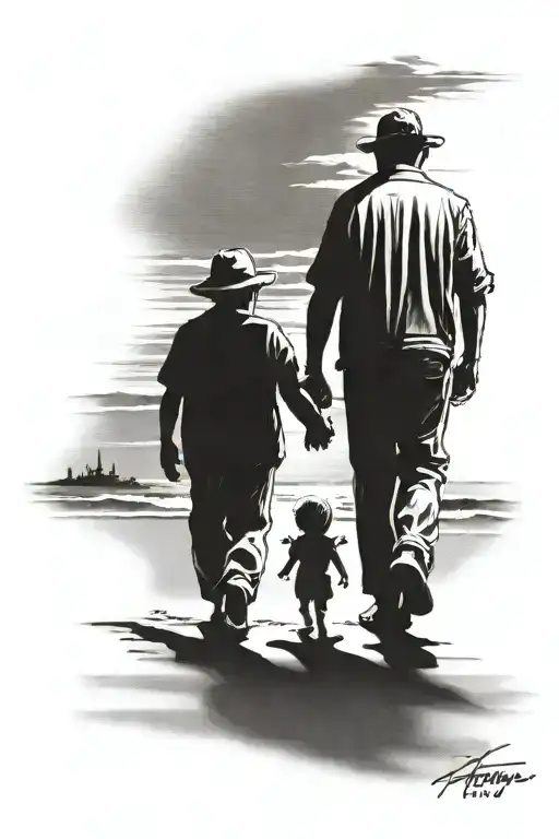 a man and his son holding hands, seen from behind on the beach, their shadow represents woody and buzz l'eclair tattoo design idea