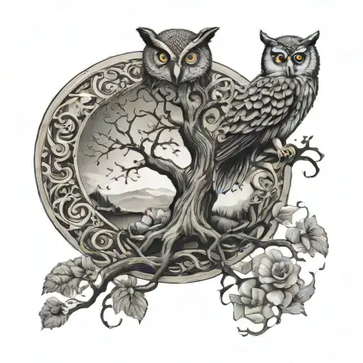 Tree of Life yin yang with an owl in the tree and a fish swimming at the base in water tattoo design idea
