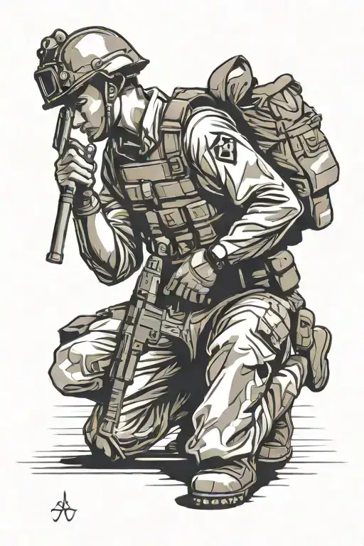 A minimalist tattoo of a soldier kneeling in prayer, symbolizing faith and devotion tattoo design idea