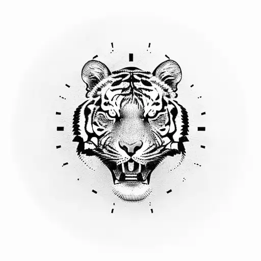 Tiger trump clock rose tattoo design idea