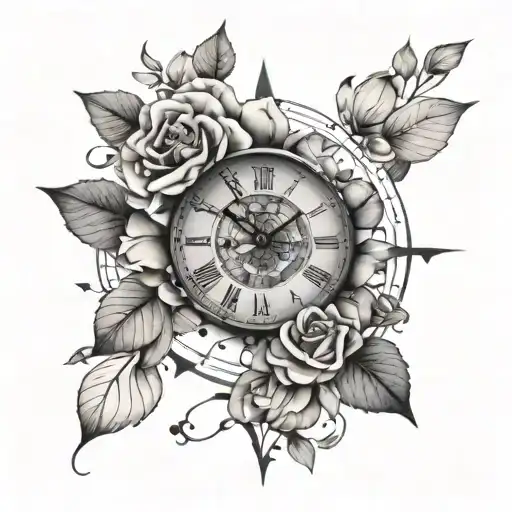 A geometric clock face with rose petals scattered around, symbolizing the engineering precision and delicate beauty tattoo design idea