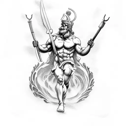 Tattoo of Greek gods, with Zeus holding his thunderbolt on the right side, Poseidon holding his trident on the left side tattoo design idea