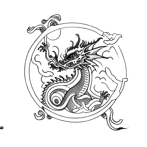 Intricate dragon design, upside view, with moon details tattoo design idea