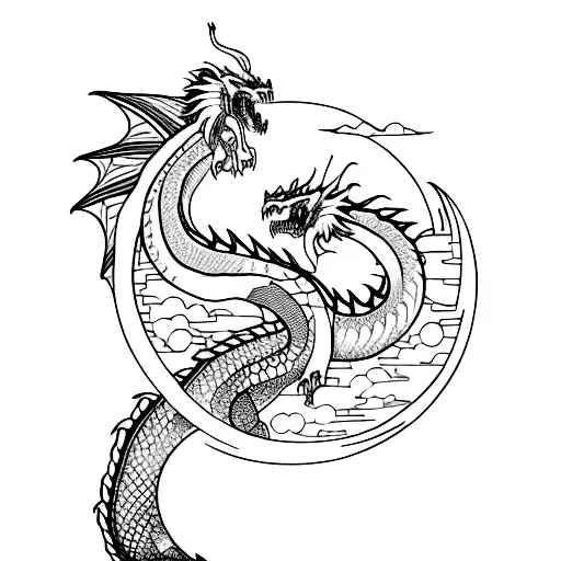 ink and pen dragon design, upside view, with moon details tattoo design idea