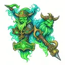 two pomeraninas with thors hammer and lokis staff covered in green smoke and blue lightning tattoo design idea