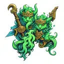 two pomeraninas with thors hammer and lokis staff covered in green smoke and blue lightning tattoo design idea