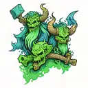 two pomeraninas with thors hammer and lokis staff covered in green smoke and blue lightning tattoo design idea