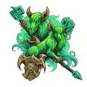 two pomeraninas with thors hammer and lokis staff covered in green smoke and blue lightning tattoo design idea