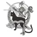 Freya Nordic goddess with sword in hand and it's two cats in a traditional style tattoo design idea