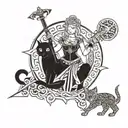 Freya Nordic goddess with sword in hand and it's two cats in a traditional style tattoo design idea