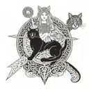 Freya Nordic goddess with sword in hand and it's two cats in a traditional style tattoo design idea