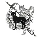 Freya Nordic goddess with sword in hand and it's two cats in a traditional style tattoo design idea