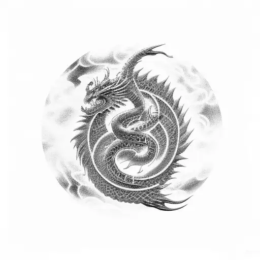 Intricate black-grey tattoo of a cosmic dragon emerging from a black hole tattoo design idea