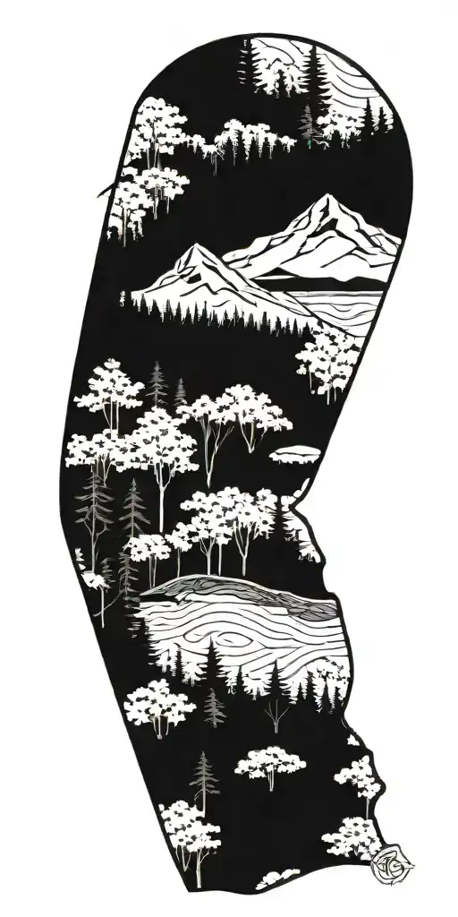 A baseball diamond nestled within a lush forest scene, with hiking trails and trees tattoo design idea