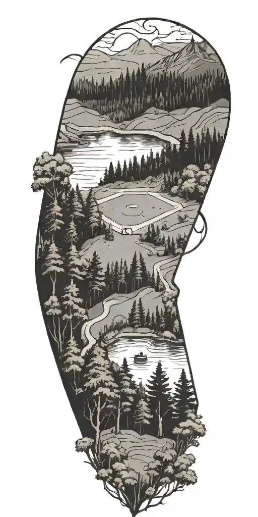 A baseball diamond nestled within a lush forest scene, with hiking trails and trees with a lake  tattoo design idea