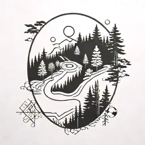 A baseball diamond nestled within a lush forest scene, with hiking trails winding through the trees tattoo design idea