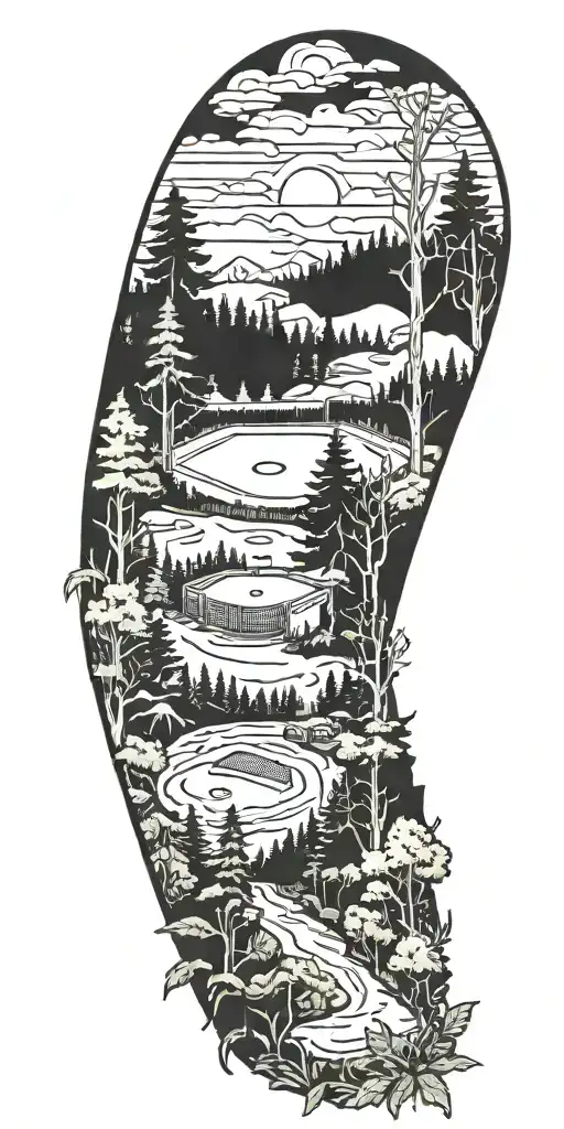 A baseball diamond nestled within a lush forest scene, with hiking trails winding through the trees tattoo design idea