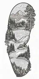 A baseball diamond nestled within a lush forest scene, with hiking trails and trees with a lake  tattoo design idea