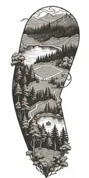 A baseball diamond nestled within a lush forest scene, with hiking trails and trees with a lake  tattoo design idea
