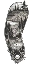 A baseball diamond nestled within a lush forest scene, with hiking trails and trees with a lake  tattoo design idea