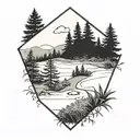 A baseball diamond nestled within a lush forest scene, with hiking trails winding through the trees tattoo design idea