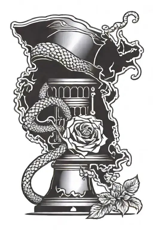 a liberty bell, rattle snake, torch, oak sprig, and "in god we trust" around an outline of the continental united states tattoo design idea