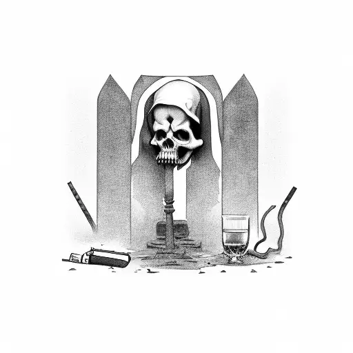 the grim reaper sits and leans on a tombstone, drinks whiskey and smokes a cigarette tattoo design idea