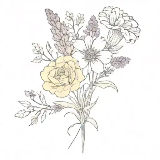 Flower bouquet with lavender, baby’s breath, Snapdragon, Marigold, Dahlia, Celosia, Gladiolus, Gerbera Daisy tattoo design idea