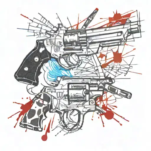 Create a unique design featuring a collage of pistols and symbols related to gangster culture, with a touch of South Davis Hustler 9th influence tattoo design idea