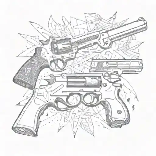 Create a unique design featuring a collage of pistols and symbols related to gangster culture, with a touch of South Davis Hustler 9th influence tattoo design idea